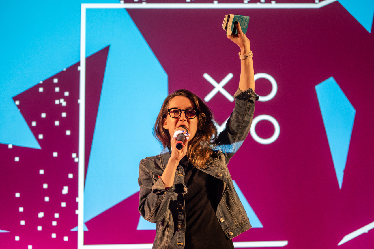 Presenter on stage at XOXO festival